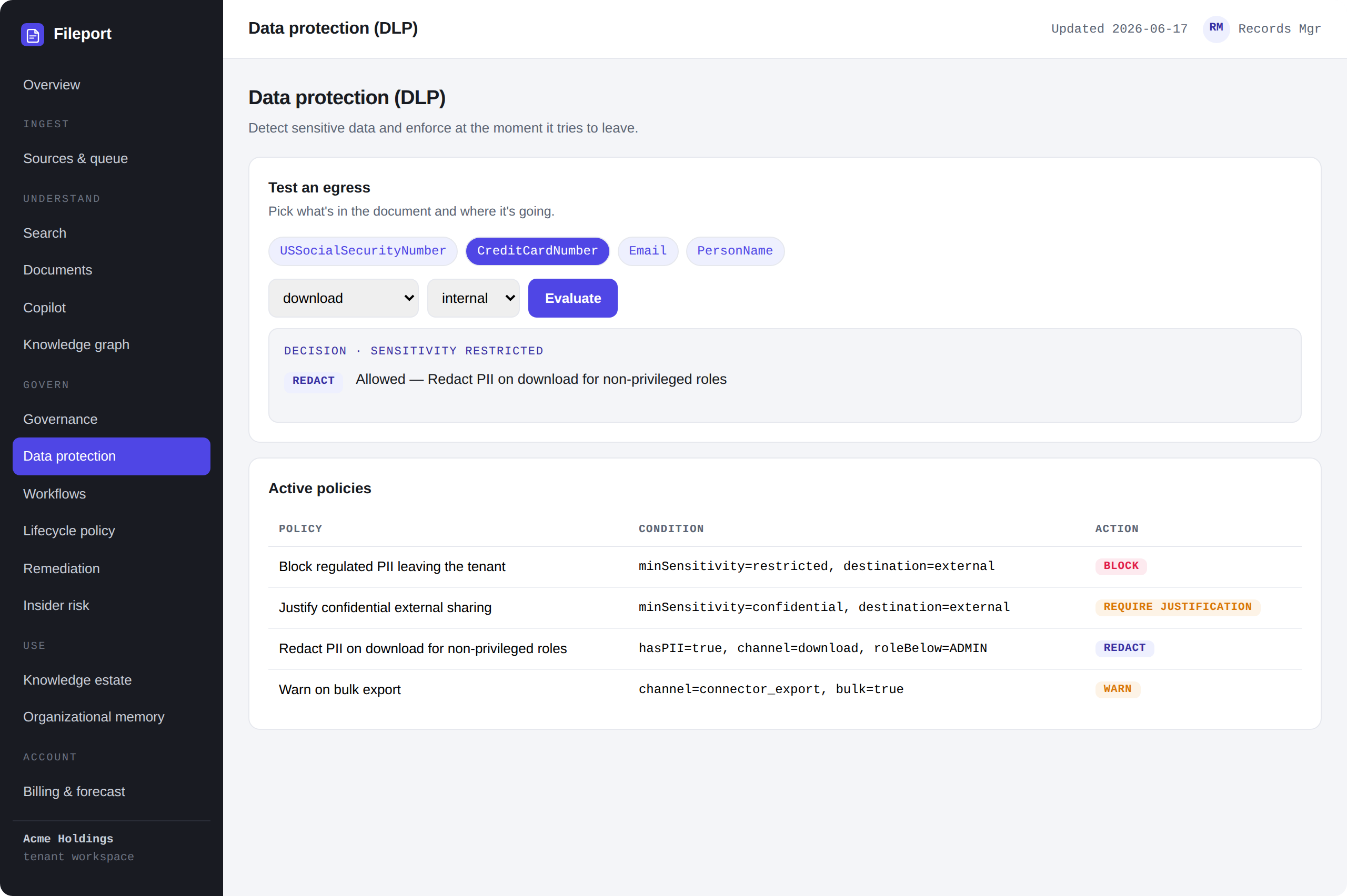 Fileport product — Stop sensitive data the moment it tries to leave