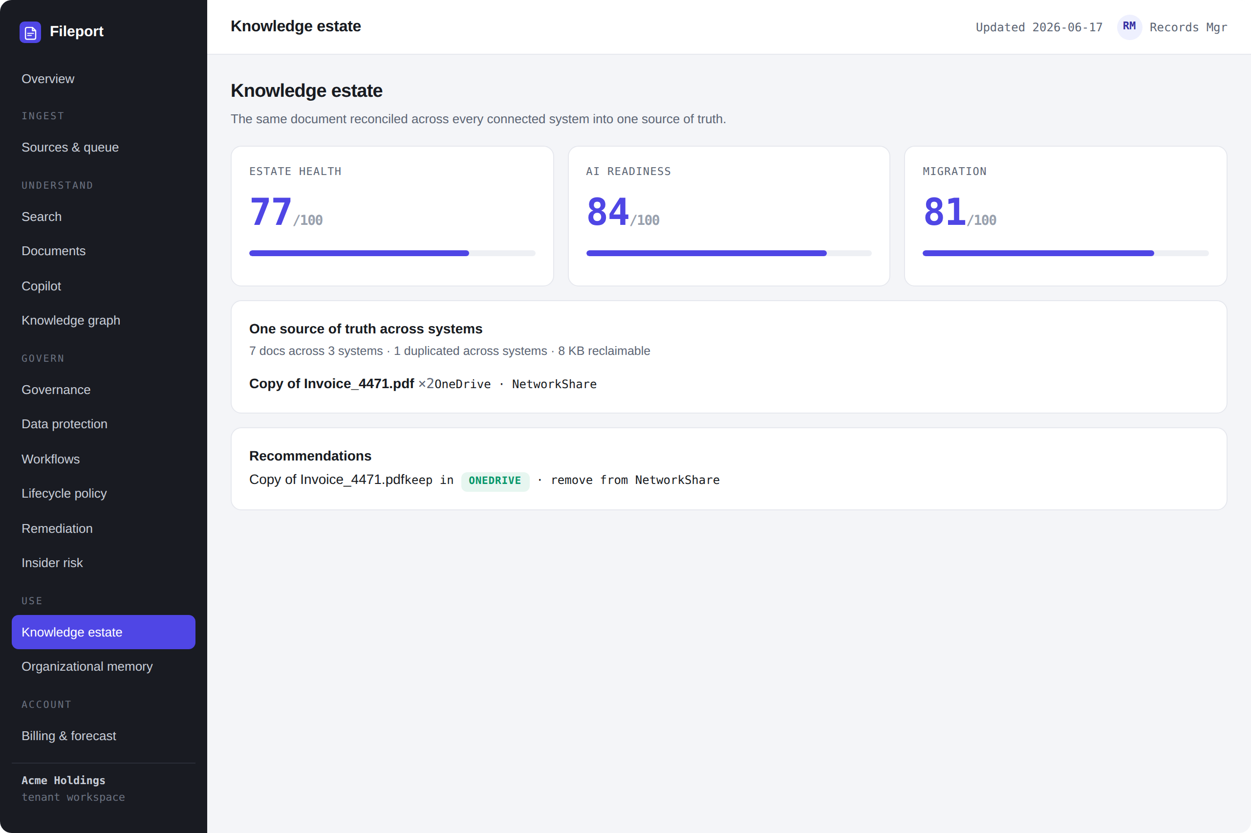 Fileport product — One reconciled source of truth across systems
