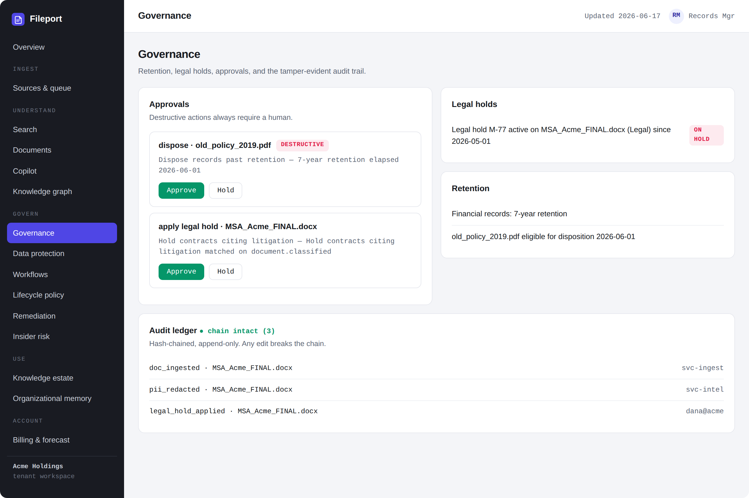 Fileport product — Holds, approvals, and a ledger that can't be edited