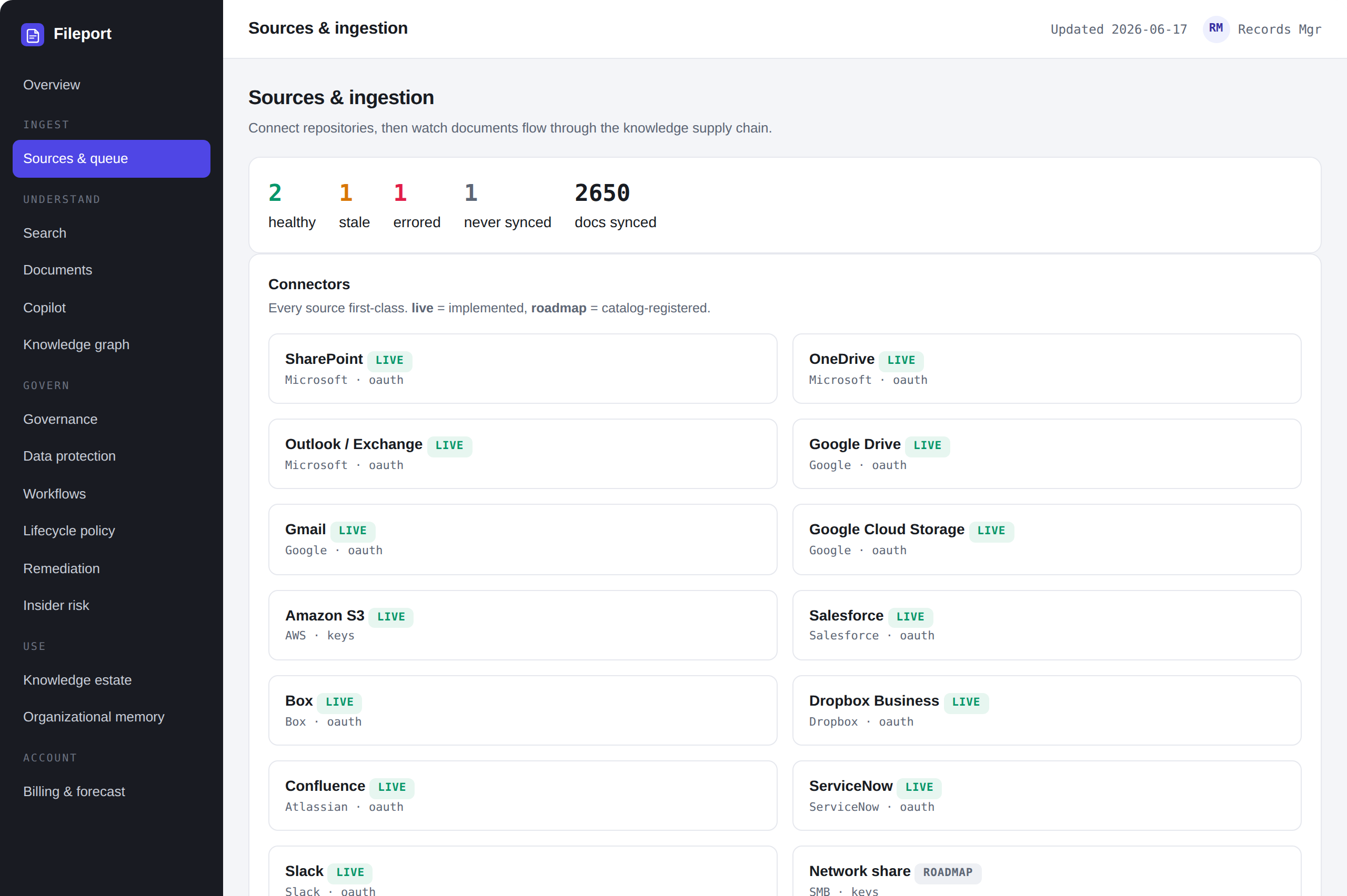 Fileport product — Connect every system, then watch it flow in