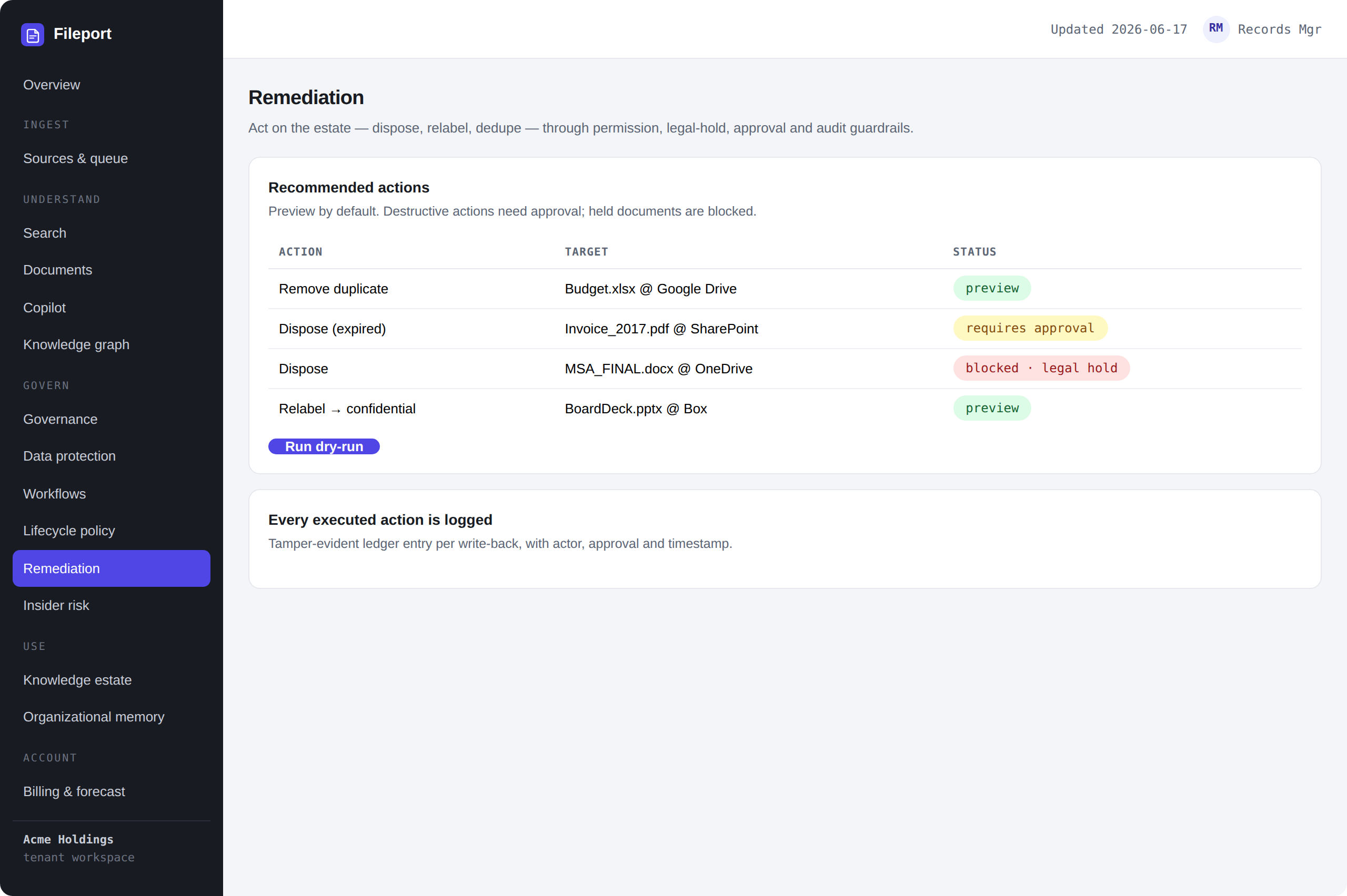 Fileport product — Act on the estate — behind guardrails