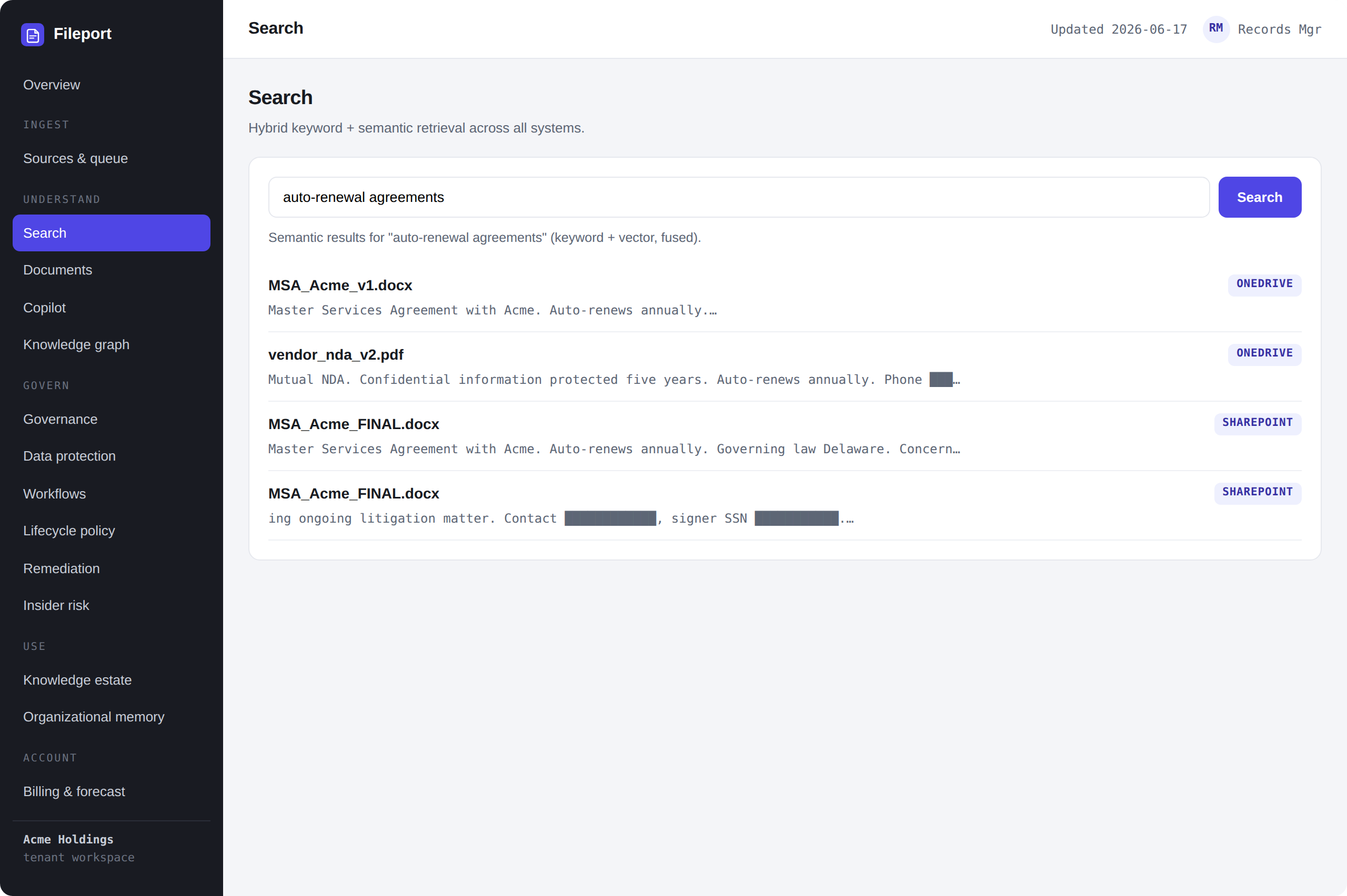 Fileport product — One query, every system, permission-scoped
